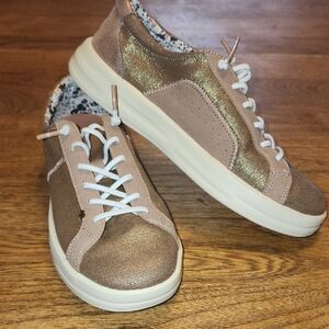 Hey Dude Karina Women's Sneakers in Shimmering Rose Gold and Tan
